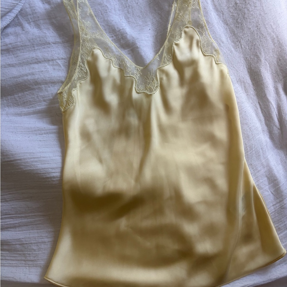 Zara lace trim butter yellow silk top